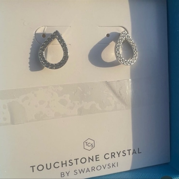 Touch stone crystal tear drop rhodium finish earrings SKU#07 - Picture 1 of 8